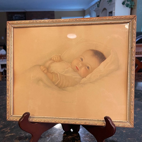 Antique 90-year-old framed print, "HEAVEN'S GIFT" signed1932 by Annie Benson Muller.  N.B. 1932