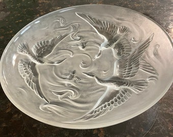 1935 Art Deco VERLYS American Frosted Art Glass Birds and Koi Fish Bowl, signed ~ No chips!