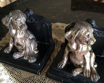 VTG Puppy Dog Canine Bookends Cast Metal Quality Casting circa 1930s Bronze Gold