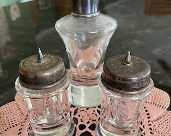 STEUBEN Signed Condiment Set - PAIR of salt and pepper set and one large 4 inch shaker (3 pieces total)