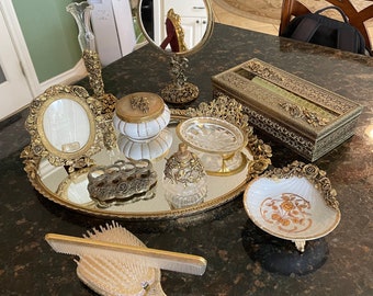 Vintage 12-piece MATSON GOLD Ormolu Vanity Set, Mirrors, Frame