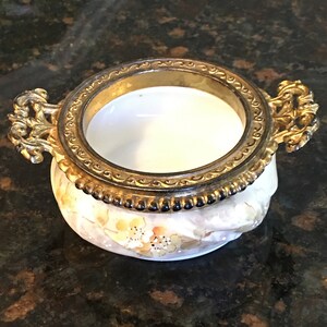 Victorian WAVECREST C F Monroe Co. Art Glass Open Ormolu Collar Two-Handled Trinket Jar c. 1900
