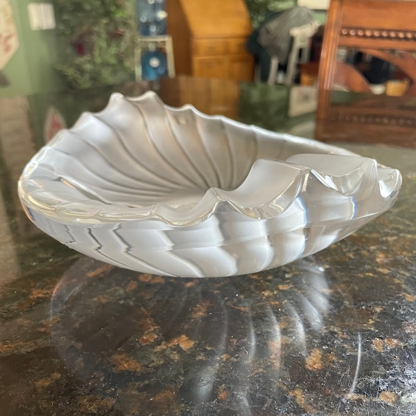 Rene LALIQUE Crystal Frosted Nancy Cendrier Cigar Ashtray / Oval Candy Bowl 4 Lb ~ Perfect! ~ French Studio, Swirled and Signed!