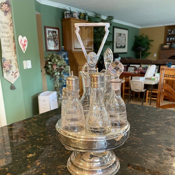 Gorgeous SIX Bottle CRUET set, RARE Antique Silverplate Rotating Condiment Cruet set (6 etched glass pieces) Pedestal Stand