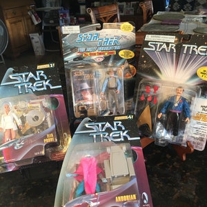 FOUR Star Trek Playmates Collection  Figurines ~ Unopened NIB ~ NRFB  Jean-Luc Picard, Harry Mudd, Ilia Probe, and Andorian