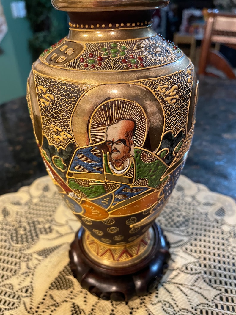 SATSUMA Vase From THOUSAND FACES, With Multicolor Oriental Motif, Faces