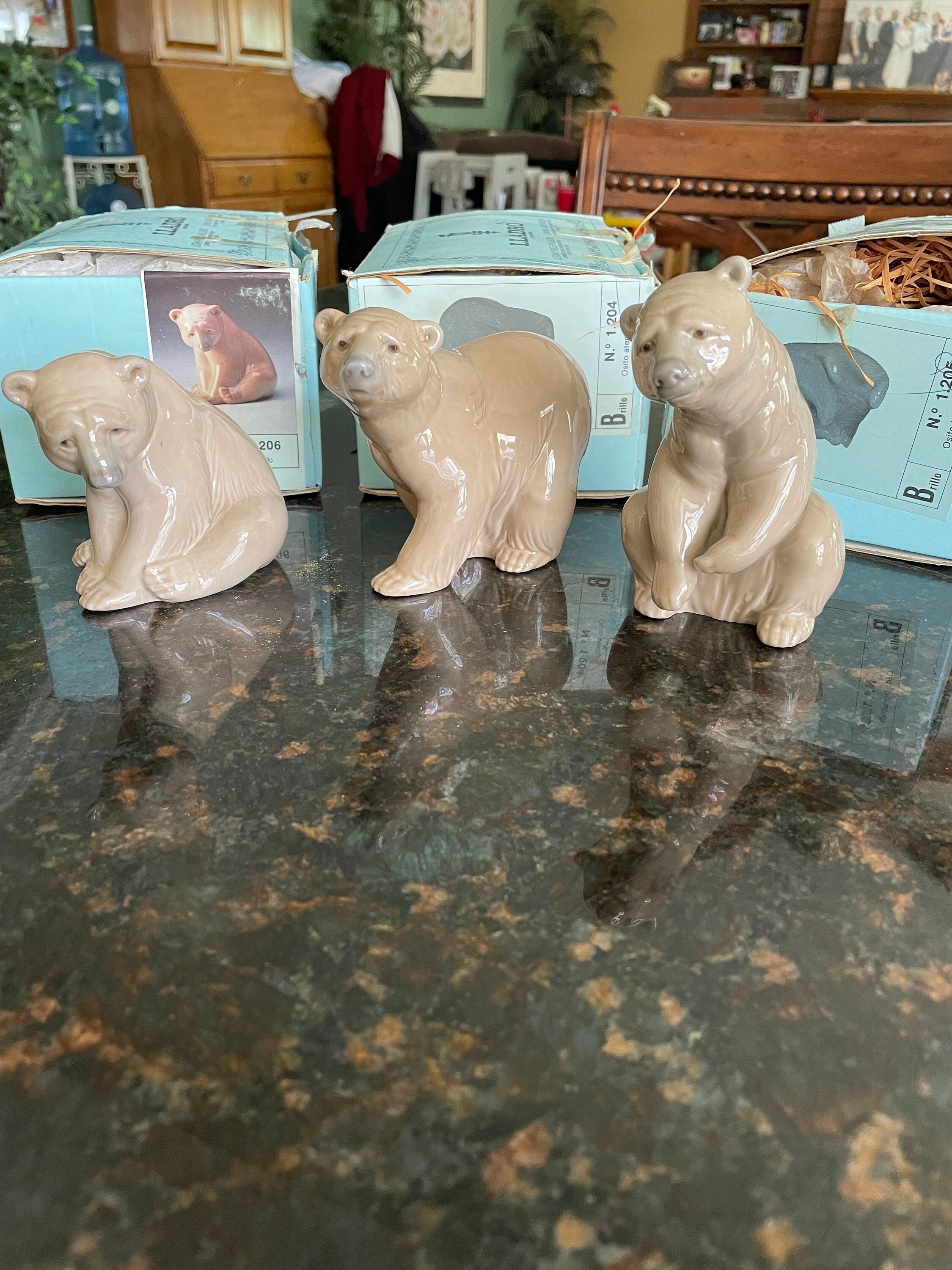 THREE Lladro Brown Bears: 1204 (attentive Standing), 1205 (sitting