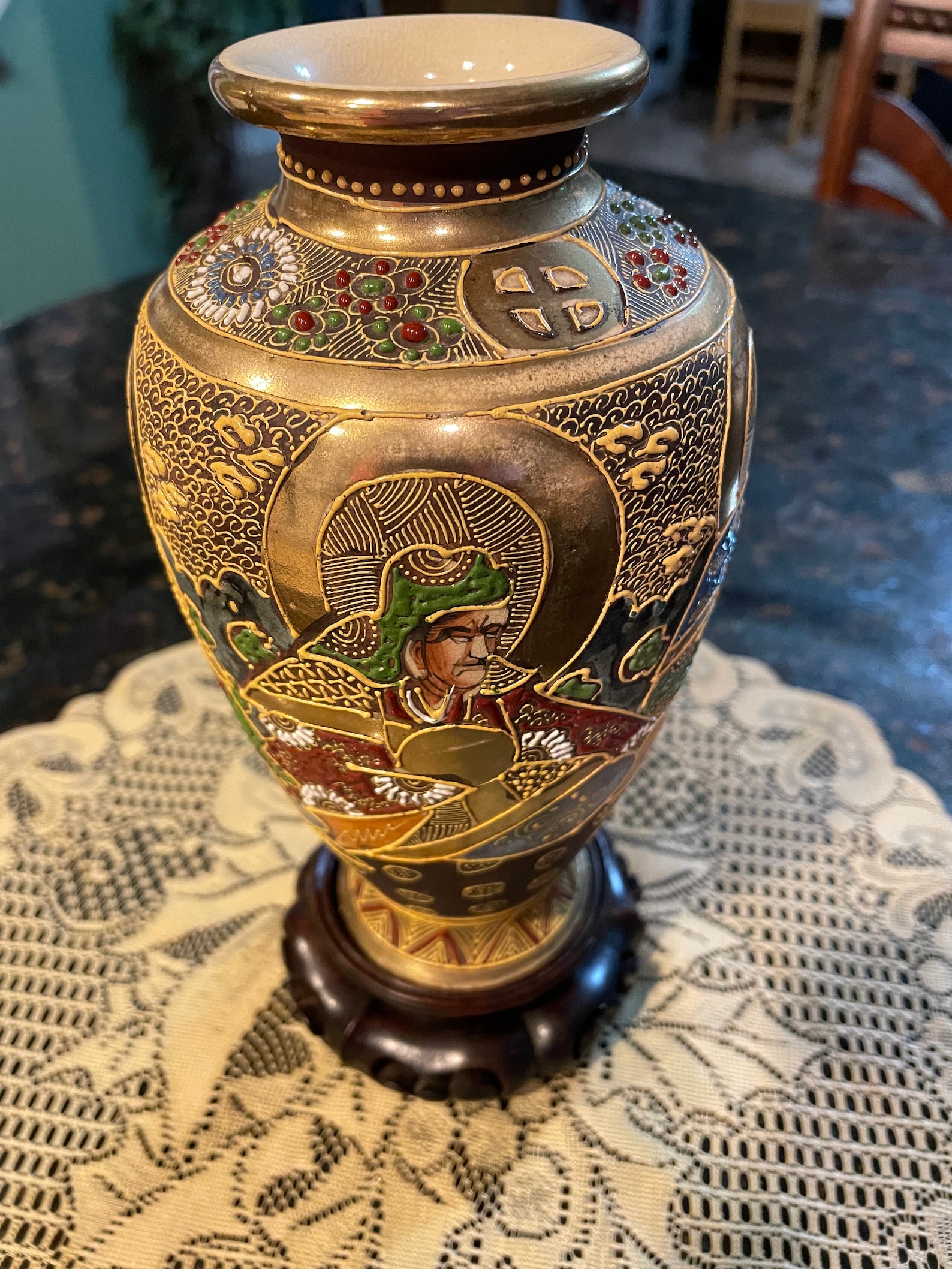 SATSUMA Vase From THOUSAND FACES, With Multicolor Oriental Motif, Faces