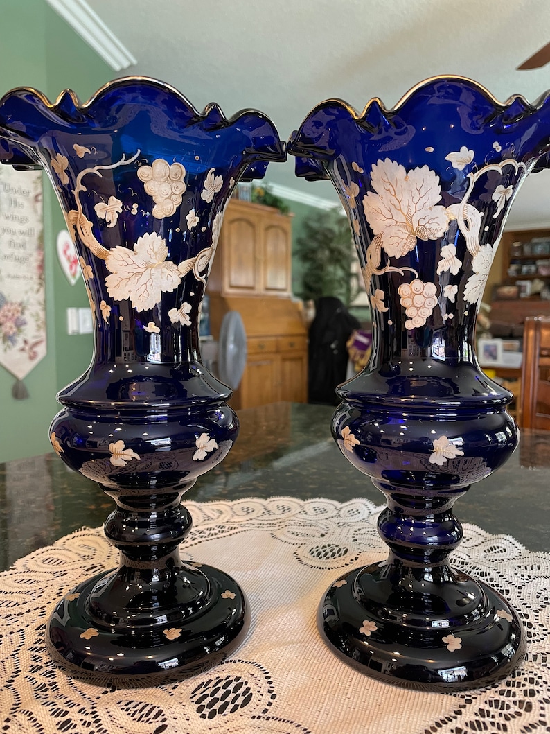 Pair of Huge Cobalt Blue Mantle Vases Hand Painted White/gold Grape
