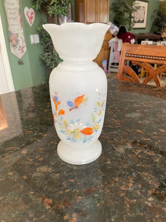 Antique Victorian Bristol Glass Vase With Hand Painted Enamels