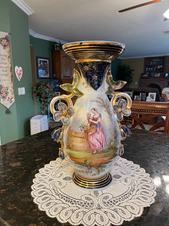 HUGE ~ 16 inch Antique French gold gilded and cobalt blue