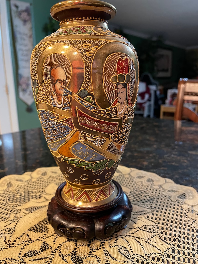 SATSUMA Vase From THOUSAND FACES, With Multicolor Oriental Motif, Faces