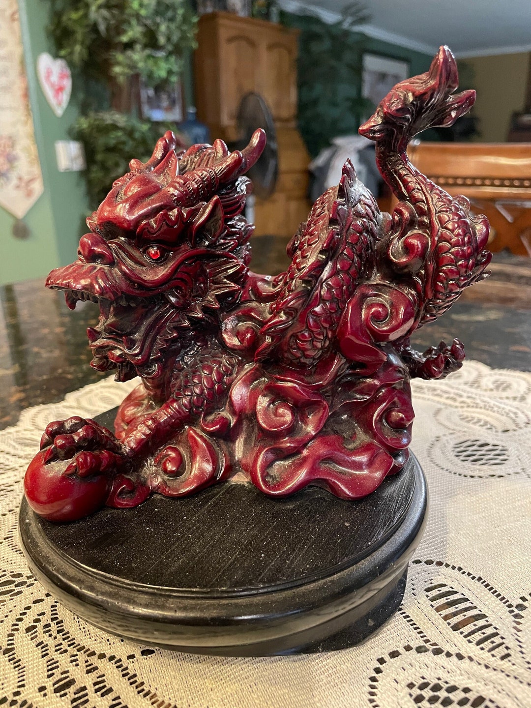 Antique Red Cinnabar Chinese FENGSHUI Lucky Dragon, With Red Jeweled Eyes  7.5 Inches Success Dragon 