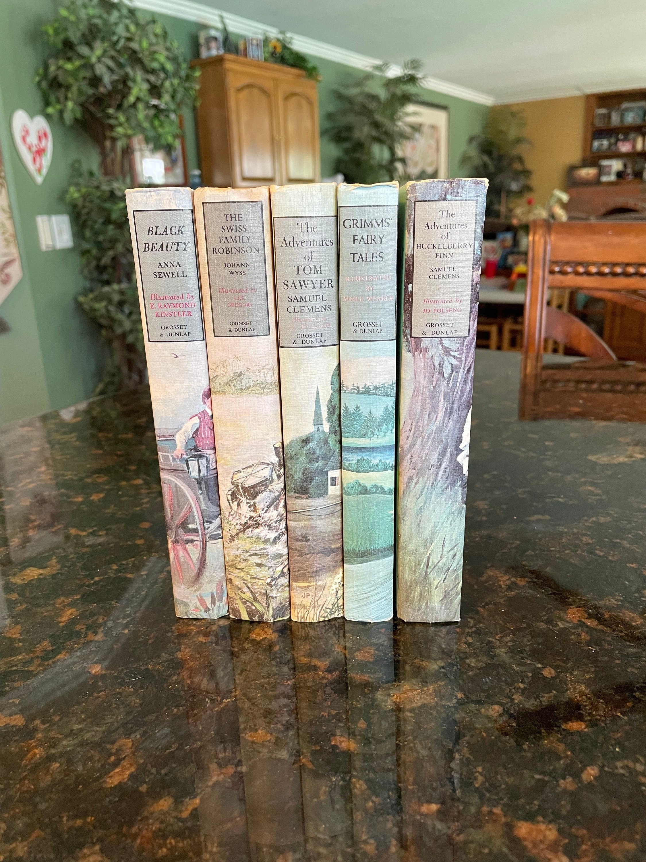 Set of 5 Young Adult Adventure Classics HC 1963~Tom Sawyer, Swiss Family Robinson, Black Beauty, Huckleberry Finn, and Grimms Fairy Tales