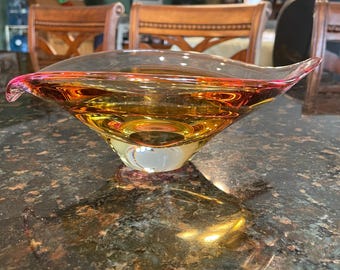 Stunning WATERFORD Evolution Tickled Pink Crystal Bowl Amber Yellow 10” x 7” ~ Oval Shape, Signed/Marked
