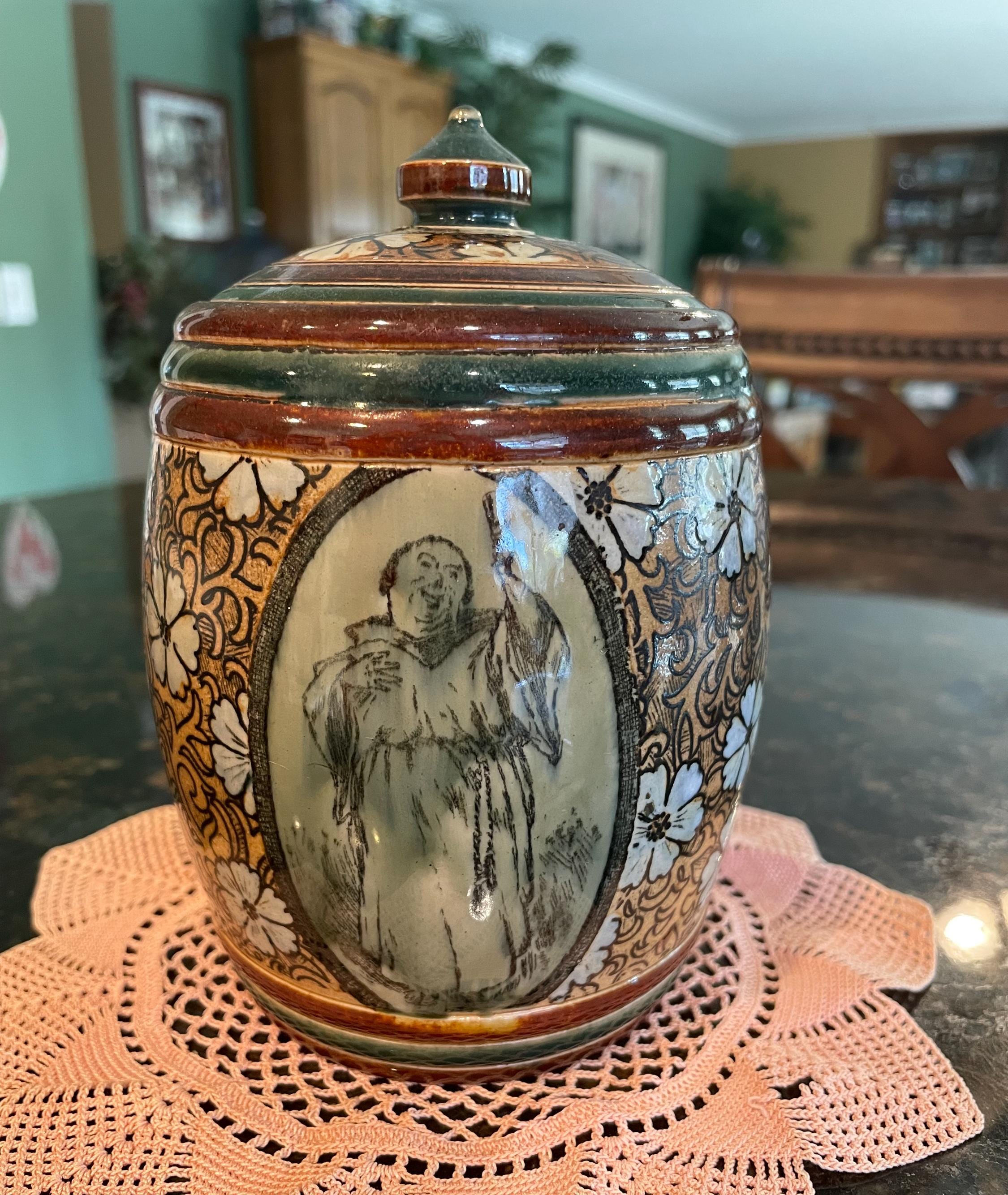 royal doulton tobacco jars Royal Doulton Lambeth MONK stoneware tobacco jar #247, Jovial Monk Pattern,  Floral Addition ~ MINT! ~ 5.5 inches tall ~ matching jar and lid