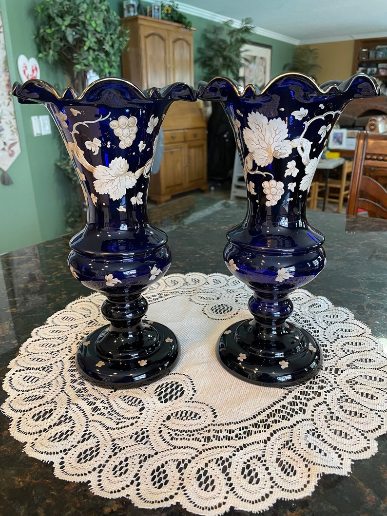 Pair of Huge Cobalt Blue Mantle Vases Hand Painted White/gold Grape