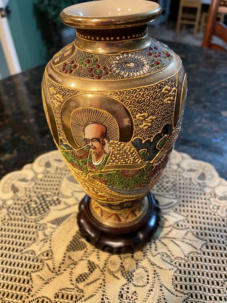 SATSUMA Vase From THOUSAND FACES, With Multicolor Oriental Motif, Faces