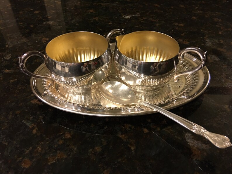 4 Pc ONEIDA, LTD Cream and Sugar Set, With Tray and Old Company Spoon