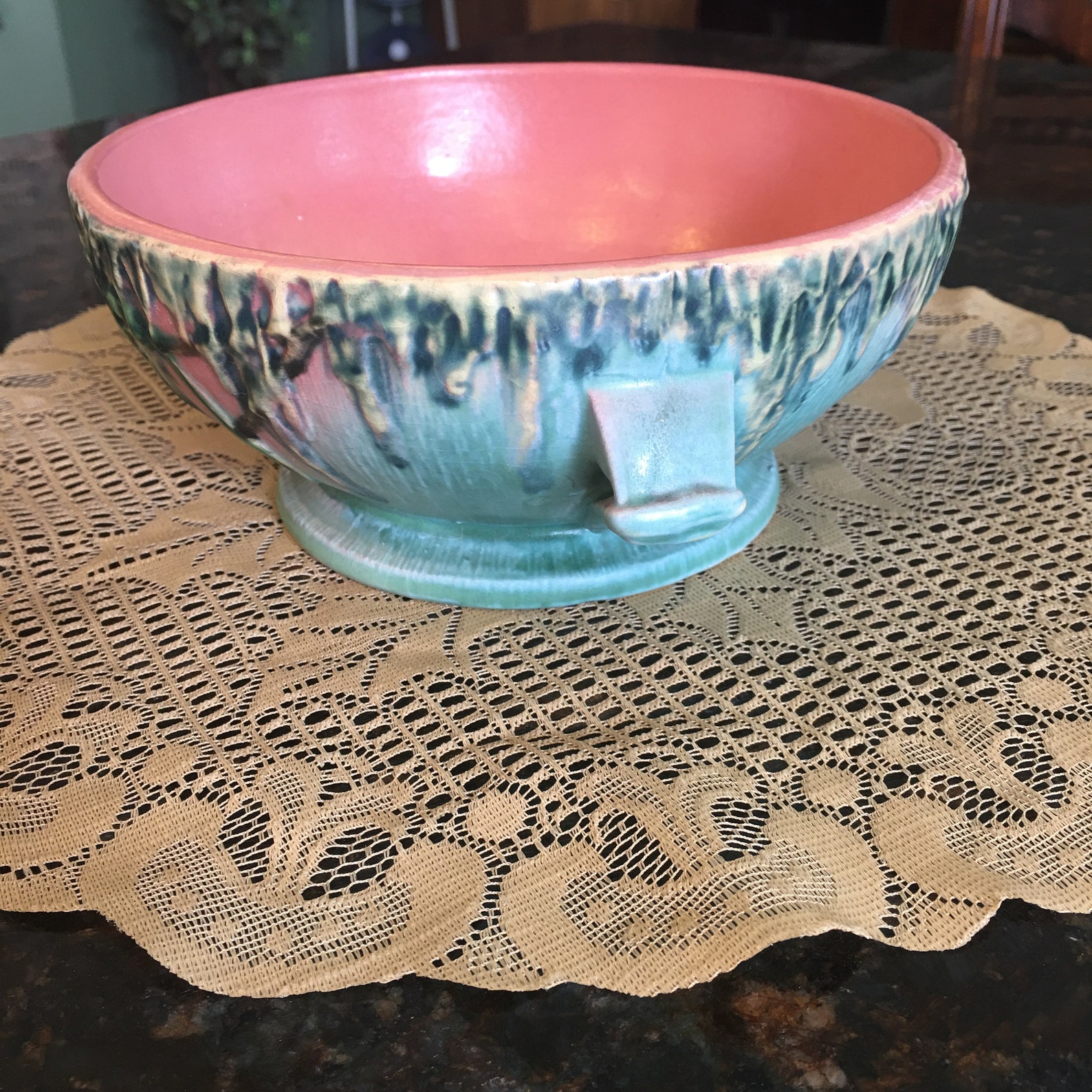 Roseville MOSS Handled Bowl Pinkish Tan 2916 C. 1936 Etsy