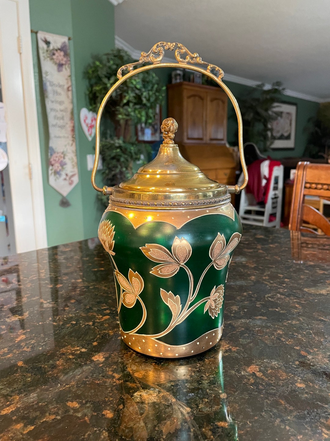 Antique French Art Glass Galle Era Biscuit Jar Green & Gold Embossed