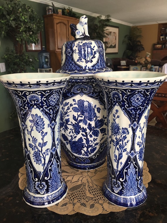THREE Large Antique Dutch Delft: Lidded Ginger Jar~ 15 Inch Tall