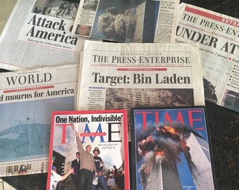 7 pieces of Time Magazine 9/11 World Trade Twin Towers; September 11 2001 ~ TWO Time Magazines, 5 newspapers;, Excellent Condition