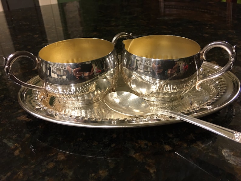 4 Pc ONEIDA, LTD Cream and Sugar Set, With Tray and Old Company Spoon