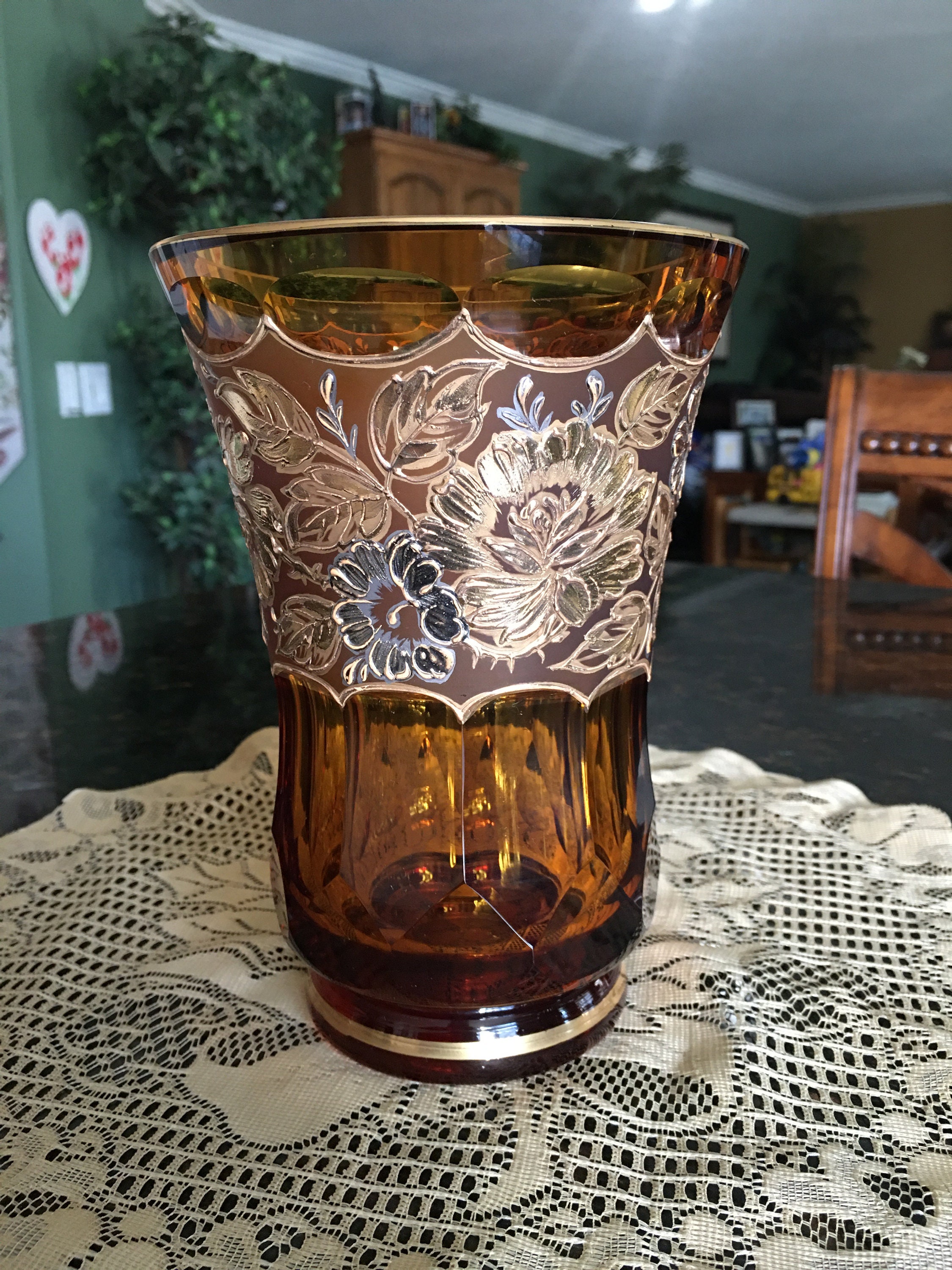MOSER Amber Paneled Vase ~ 7 Inches Tall ~ Paneled Faceted Glass