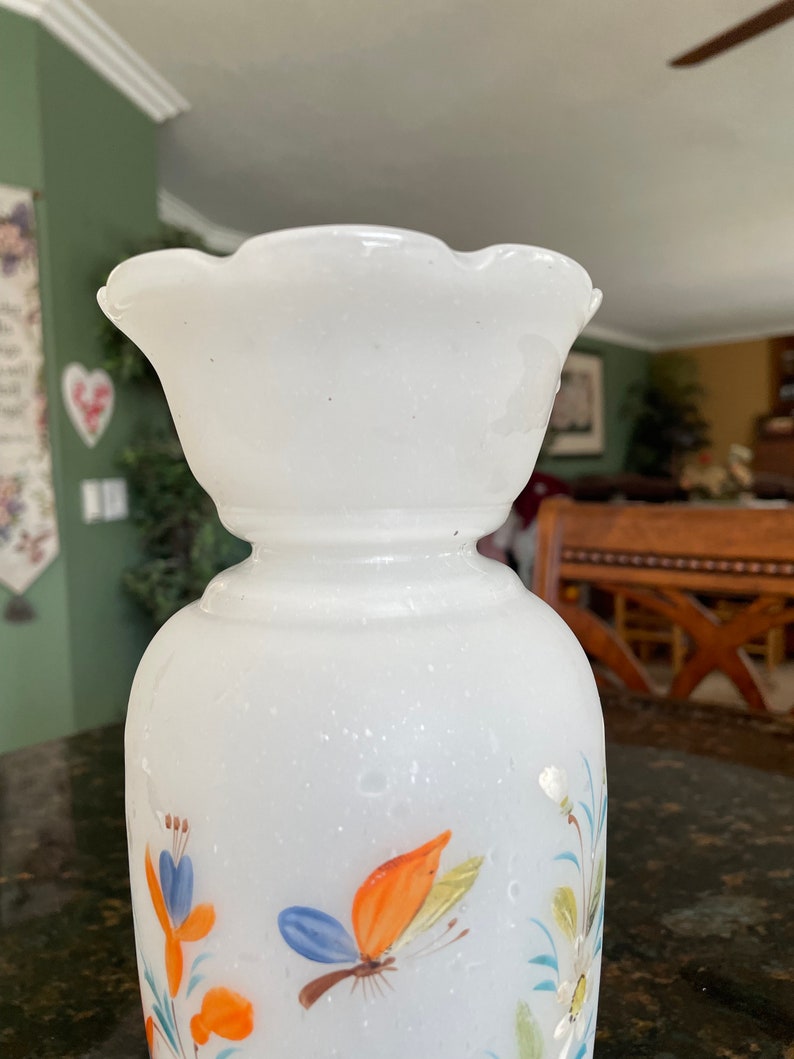 Antique Victorian Bristol Glass Vase With Hand Painted Enamels With