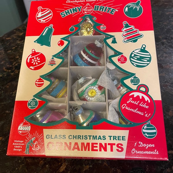 Christopher Radko 1940's Shiny Brite Glass Christmas Tree Ornaments~12 count, 1.75" decorated rounds w reflectors and bells, in original box