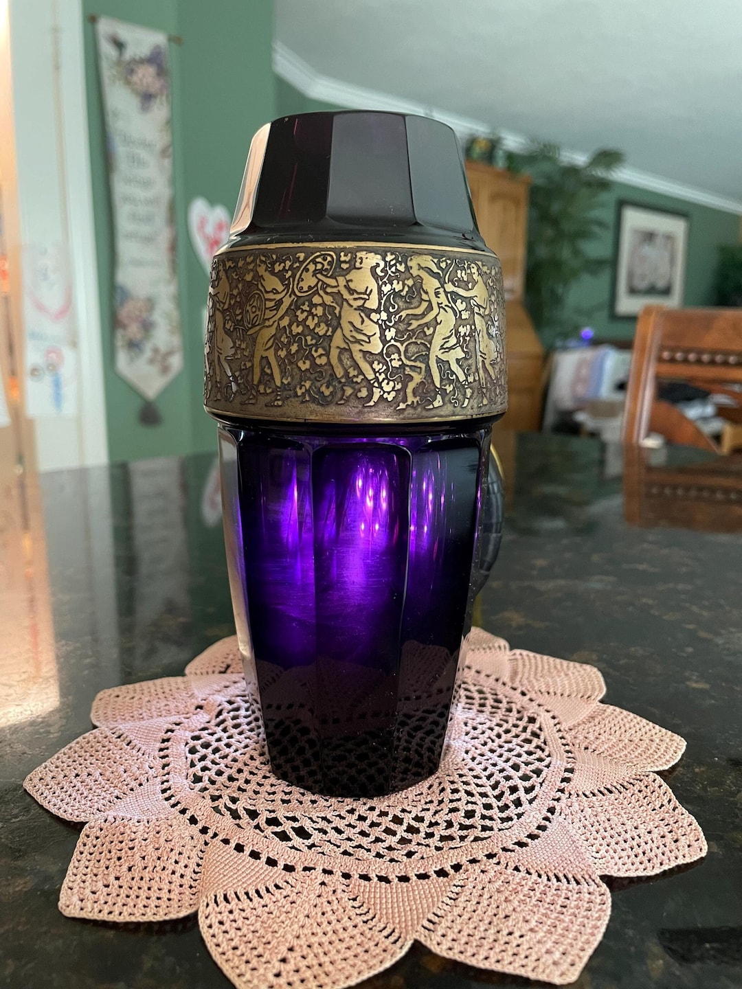 Signed MOSER Amethyst Glass Vase With Amazon Warrior/gladiator