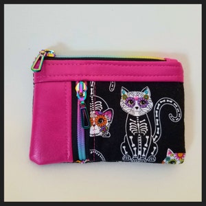 Kitty and Faux Leather Coin Purse and Mini Zippy, Gift Card Holder, Mask Storage Pouch, Gift Item, Hostess Gift, Sugar Skull Kitty