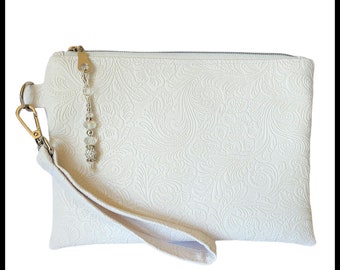 Bridal Wristlet Purse, White Faux Leather Embossed Clutch, Special Occasion Purse, Wedding Wristlet, Evening Wristlet