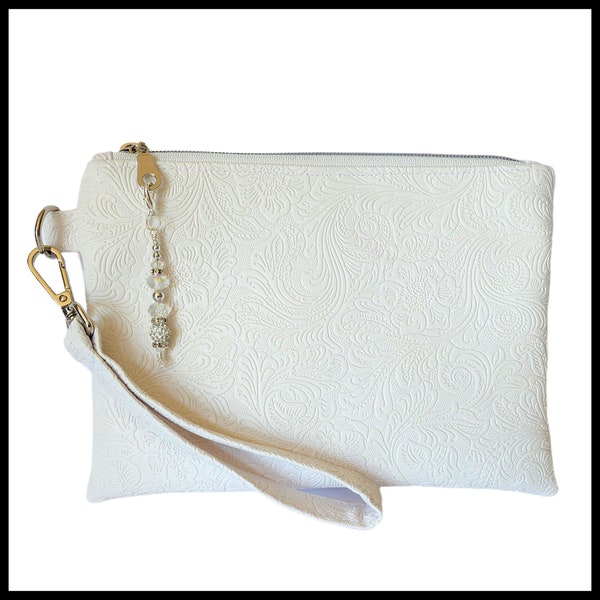 Bridal Wristlet Purse, White Faux Leather Embossed Clutch, Special Occasion Purse, Wedding Wristlet, Evening Wristlet