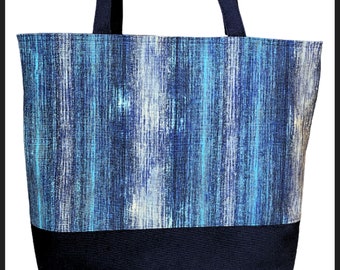 Blues, Gray, White Stripe Tote Bag, Shades of Blue Shoulder Bag Purse, Blues Purse, Beach Tote, Blues Shopping Bag, Gift Item for Her,