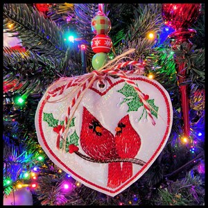 Cardinal with Holly and Beads Ornament, Cardinal Tote Bag Charm, Cardinal Present Tag