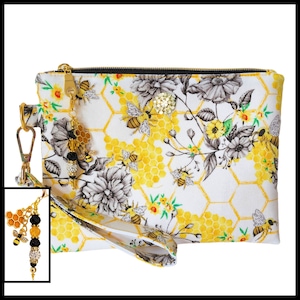 Bee Floral Wristlet Purse, Floral Honey Bee Purse, Bag, Gift Item for Her, Bee Purse, Clutch, Handbag, Bee Charm, Phone Holder