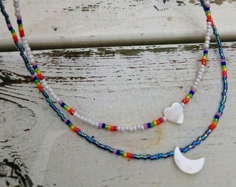 Rainbow beaded moon/heart necklace