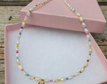 Rice pearl and rainbow initial name necklace