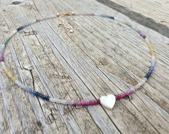 Sapphire necklace with mother of pearl heart