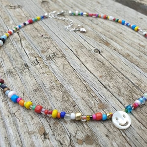Rainbow mother of Pearl smiley face beaded necklace