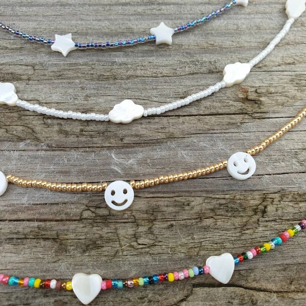 Mother of pearl beaded necklace choker clouds, stars, hearts, smileys