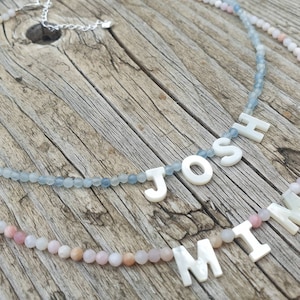 Collar con nombre de ópalo rosa, collar con nombre de aguamarina, cuentas de letras de nácar, collares con nombre personalizados