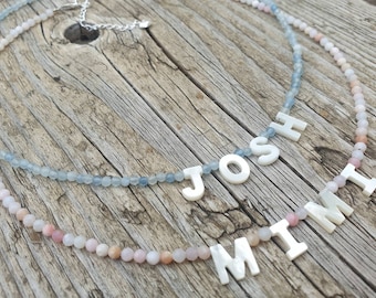 Pink opal name necklace aquamarine name necklace mother of pearl letter bead personalised name necklaces