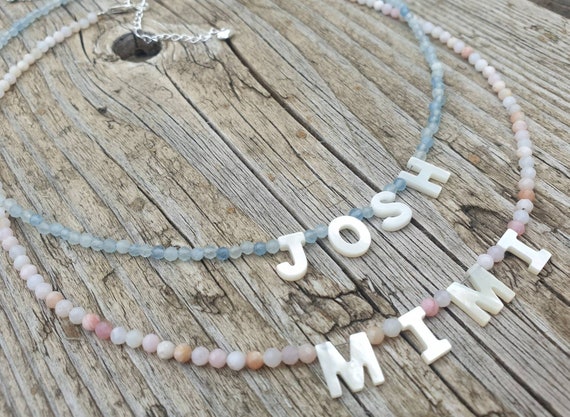 Pink Opal Name Necklace Aquamarine Name Necklace Mother of Pearl
