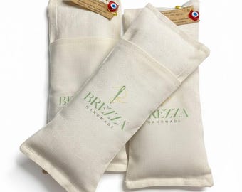 Conjunto de 2 almofadas térmicas de lavanda e linhaça, próprias para micro-ondas (quente e fria), e almofada lavável de linho para os olhos.