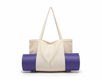 Bolsa de ioga grande em gabardine, 50 x 35 cm, resistente, em lona bege, ideal para o ombro e para uso na academia.