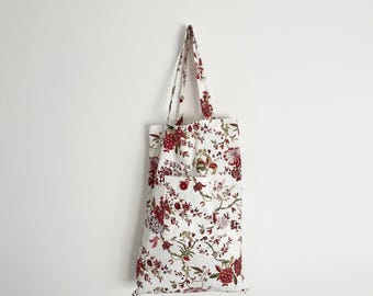 Sacola de compras dobrável em popeline floral, sacola reutilizável ecológica com bolso, bolsa feita à mão.