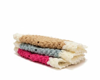 Conjunto de 3 saquinhos de crochê para sabonete, panos de banho esfoliantes feitos à mão, esponja de banho ecológica.